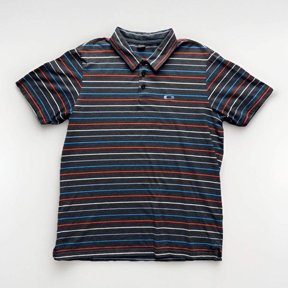 Vintage Oakley Polo Shirt Mens Large Gray Striped Golf Y2K Embroidered O Logo